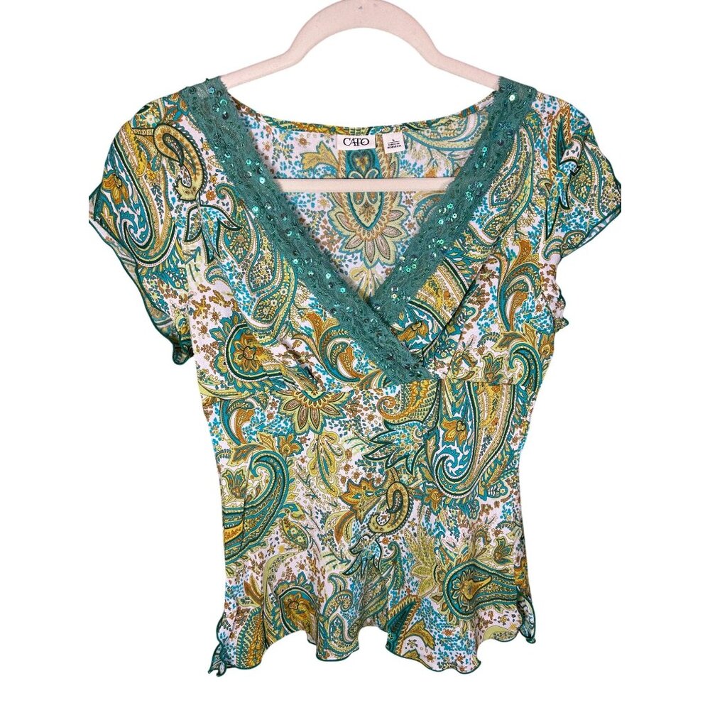 Y2K Womens Small Babydoll Top Green Yellow Paisley Sequins Fairy Whimsy Cottage